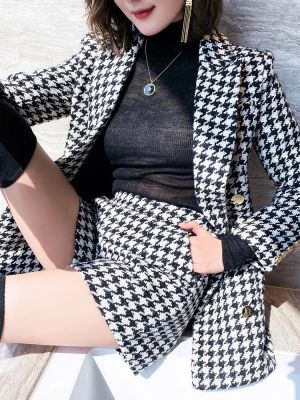 Autumn and winter retro houndstooth tweed jacket female shorts two-piece ol temperament western style fashion suit