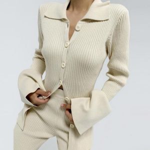 Elegant Knitted Two Piece Set Women Ribbed Zipper Flare Sleeve Shirts Tops And Elastic Waist Flare Pants Suit Slim Female Outfit