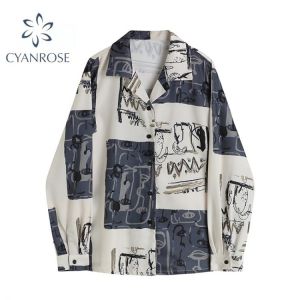 Women Long Sleeve Blouse Harajuku Pattern Print Single Breasted Turn-down Collar Autumn 2021 Fashion Loose Shirt Vintage Tide
