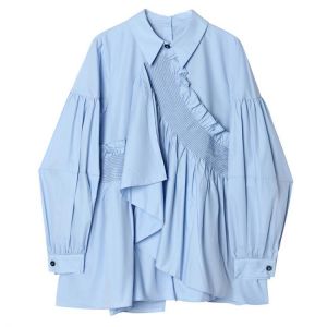[EWQ] Korea Chic Asymmetrical Folds Blouse Women Autumn  2021 New Laple Loose Single Breasted Long Sleeve Shirt Female Fashion