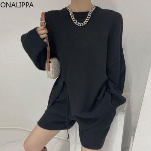 ONALIPPA Pants Set Ladies 2021 Autumn Korean Chic Lazy Round Neck Long-Sleeved Knitted Sweater High-Waist Drawstring Trousers
