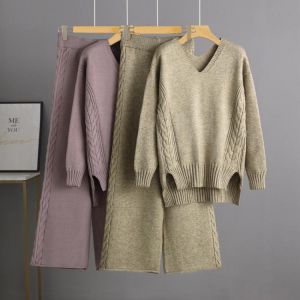 Twist Knitted wide leg pants sweater suit women 2021 autumn Korean loose thick Sweater temperament pants two-piece Sets trend