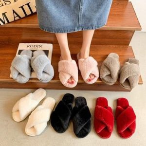 Winter Home Cozy Women Fur Slippers Faux Furry Cross Strap Flat Slides Slip On Indoor Non Slip House Shoes Female Slipper Ladies