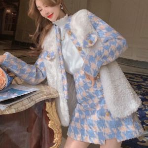 Women Plaid 2 Piece Set Coat High Waist Skirt Office Lady Jacket Skirt Suits Retro Single-breasted Jackets And Skirts 2pcs Suit