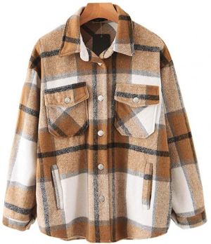 Womens Casual Flannel Wool Blend Plaid Lapel Button Down Long Sleeve Shacket Jacket Coat Winter Loose Oversize Shirts