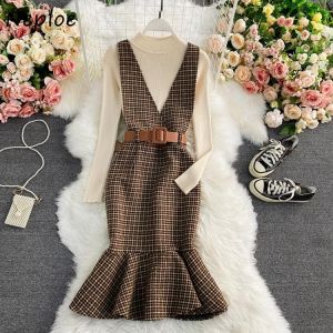 Neploe Autumn 2021 Office Lady Dress Sets Women Outerwear Plaid Woolen Trumpet Dresses + Knitted Bottoming Shirt Two-piece Suits