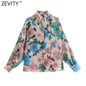 Zevity Women Elegant Floral Print Loose Chiffon Smock Blouse Female Lantern Sleeve Casual Shirts Chic Blusas Chemise Tops LS9758