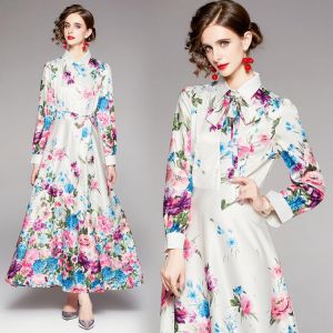 European and American Fashion Elegant Office Lady Designer Floral Print Birthday Dress for Women Swing Dress Tunic Shirt Dress
