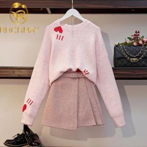 2021 New Fashion Women's Autumn Winter Pink Knitwear Sweater + High Waist Pleated Woolen Two-piece Ladies Sweet Skirt Sets