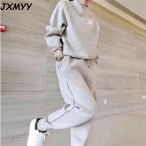 Women's Sets 2021 Autumn Winter Woolen And Cashmere Knitted Warm Suit O Collar Sweater + Harem Pants Loose Style Two-Piece Se