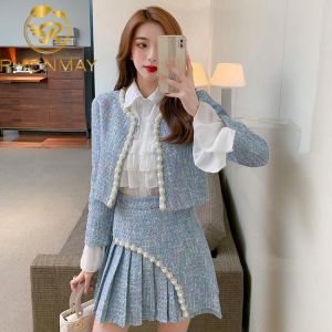 Fashion 2021 Winter Autumn Women's Clothing Outfit Fashion Socialite Long-sleeve Tweed Coat Shirt Short Skirt Three Piece Sui