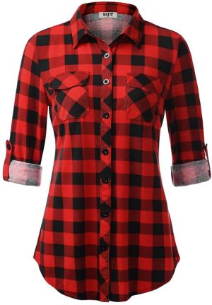 DJT Women’s Roll Up Long Sleeve Collared Button Down Plaid Shirt