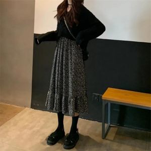 Students Black 2pcs Set Back Tie V-Neck Short Sweater Pullover +Long-Sleeved Ruffled Floral Dress Women Korean 2021 Elegant Suit