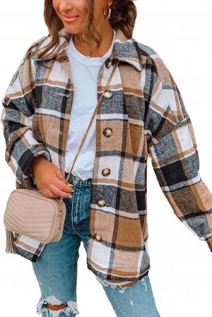Lentta Women's Flannel Plaid Shacket Jacket Casual Fall Wool Blend Button Up Shirt Coat