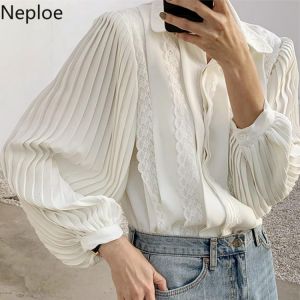 Neploe Temperament Blouses Women Korean Chic Shirts Turn-down Collar Heavy Lace Pleated Tops Mujer Lantern Sleeve Elegant Blusas