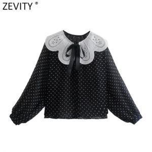 Zevity Women Sweet Hollow Out White Collar Bow Patchwork Dots Print Chiffon Blouse Female Shirts Chic Chemise Blusas Tops LS9723