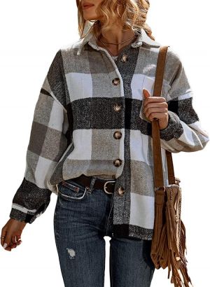 UANEO Womens Casual Plaid Button Down Long Sleeve Wool Blend Shirt Jacket Shackets