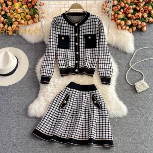 Autumn Knitted 2 Piece Set Women Black Plaid Cardigan Jacket Crop Top + Mini Skirt Set Winter Suit Matching Sweater Sets Outfits