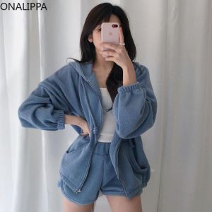 ONALIPPA Sports Sets 2021 Autumn Korean Simple Versatile Hooded Puff Sleeve Zipper Design Sweatshirt Casual High Waist Shorts