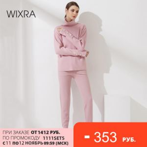 Wixra Women Solid Tracksuit Elegant Pearl Button Turtleneck Sweater + Harem Pants Autumn Winter 2021 Female 2 Piece Set