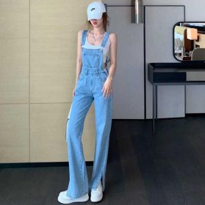 High Waist Jeans Women's Summer New Younger Fashion Versatile Suspender Pants Korean Style Loose Slimming Slit Wide Leg Pants