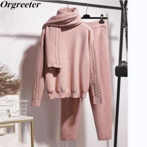 Oversize Knitted Pullover Jumper Temperament Suits Winter Warm Tracksuit Women Twist Sweater + Pants + Scarf 3 Piece Set Femme