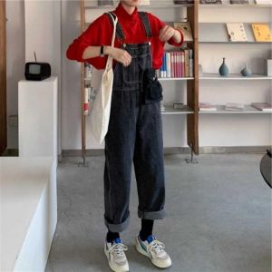 Korean Style Chic Loose Youthful-Looking Shoulder Strap Jeans Women's Pants Spring and Summer Retro Casual Slimming Wide-Leg