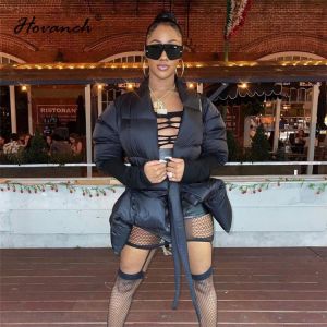 Hovanch Women's Pure Black Winter Loose Jacket Belt Cotton Clothes 2021 Winter Casual Cotton Thick Warm Coat