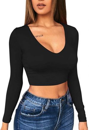 XXTAXN Women's Sexy Bodycon Basic Scoop Neck Long Sleeve Slim Solid Color Crop Top