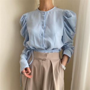 HziriP O-Neck Puff Sleeve Women Tops Solid Office Wear Hot Loose Slim-Fit Autumn 2021 Full Sleeve OL Elegant Gentle Shirts