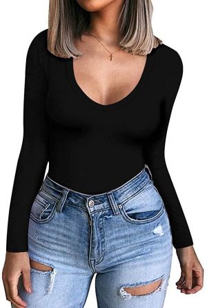 CLOZOZ Womens V Neck Long Sleeve Fitted T-Shirt Basic Tee Tops