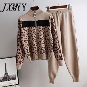 Tracksuit Women Leopard Knit Zip Cardigan Tops+Pants Suit 2PCS Sets Long Sleeve Jacket Coat Woman Casual Sweater Trousers Suits