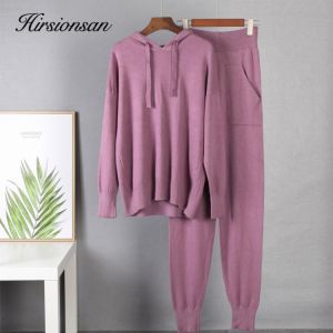 Hirsionsan Cashmere Casual Two Piece Knitted Carrot Pants & Hooded Sweater Women Autumn Winter Sets Female Tracksuits Harem Pa