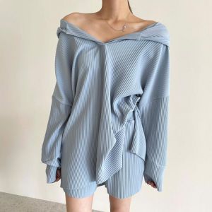 [EWQ] Korea Casual Trendy Women V-neck Long-sleeved Split Sweater + Fashion Elastic High-waist Shorts 2 Piece Set 2021 16E2317
