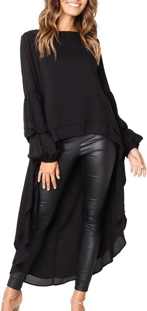PRETTYGARDEN Women's Lantern Long Sleeve Round Neck High Low Asymmetrical Irregular Hem Casual Tops Blouse Shirt Dress