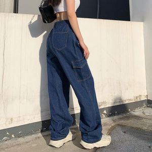 Women Y2K Blue Denim Jeans Retro High Waist Cargo Pants Women Big Pockets Trousers Streetwear Baggy Jean Women Clothing K51