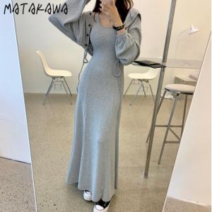 Matakawa Dress Sets Korean Autumn Hooded Long Sleeve Loose Sweatshirts + Spaghetti Strap Vest Casual Dress Two Piece Set Women