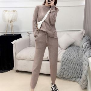 Autumn Winter Knitted Tracksuit Women O-neck Sweatshirts Fashion Women Sweater Suit Clothing 2 Piece Set Knit Pants Sporting Set