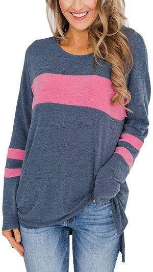 Hilltichu Womens Color Block Long Sleeve Shirt Pullover Round Neck Side Split High Low Tunic Tops