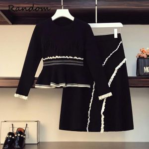 Fall Winter 2021 New Women Knitted Suit Pullover Sweater Top And High Waist Knee Skirt Knit Two Piece Set White Ruff Black Cloth