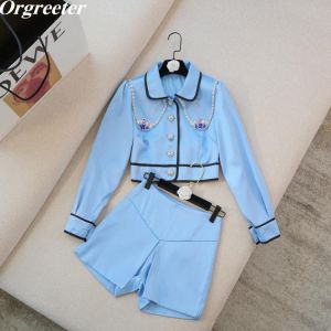 Luxury Quality Diamond deco Satin 2 piece set Women Fall New Peter pan collar Buttons Short Jacket Coat + HIgh Waist Shorts Suit