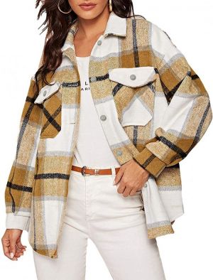 Women's Girl Plaid Button Down Long Sleeve Shacket Jacket Coat Warm Shirt Blouse Casual Outwear with Pocket