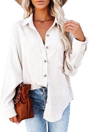 Women's Corduroy Button Down Pocket Shirts Casual Long Sleeve Oversized Blouses Tops