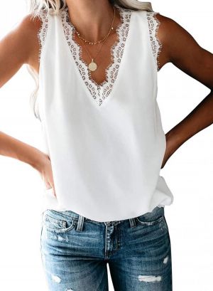 BLENCOT Women's V Neck Lace Trim Tank Tops Casual Loose Sleeveless Blouse Shirts