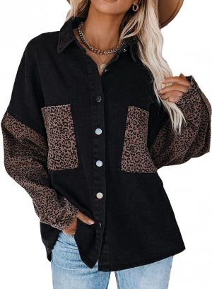Dokotoo Womens Contrast Leopard Denim Jacket Long Sleeve Button Down Shirts Boyfriend Oversized Blouses Tops