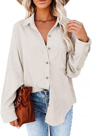 Women Corduroy Button Down Shacket Casual Shirt Jacket Long Sleeve Boyfriend Blouses Tops
