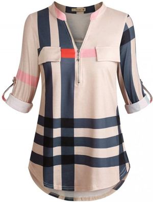 Moyabo Women's 3/4 Cuffed Sleeve Zipped V Neck Plaid Tunic Shirt Blouses