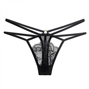 Sexy Hollow Perspective Women's Underwear Lace Fashion Cross Belt Thong Metal Ring Decoration T Pants Embroidery Thong Pantie