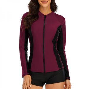 Women Long Sleeve Zipper Rashguard Swimsuit Solid Patchwork Swimwear UV Protection Surfing Top Rash Guard Running Shirts UPF50+