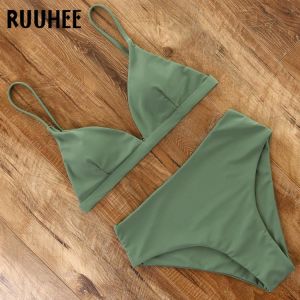 RUUHEE 2021 Bikini Swimwear Swimsuit Women Solid Bathing Suit Green Neno Bikini Set With Pad Female High Waist Beachwear Biquini